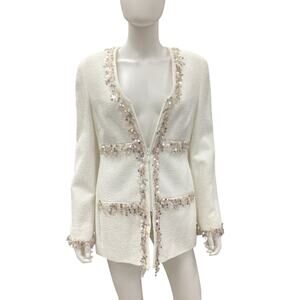 NWT Féraud Blazer Women’s Size 8 Zip Up Sequin Trim Pockets V-Neck Off White